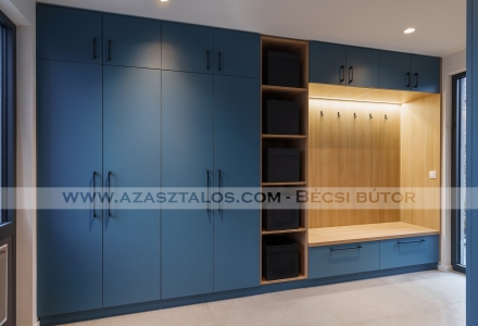 szuper matt kék modern előszobafal előszoba szekrény bútor egyedi LED ruhafogas beépített